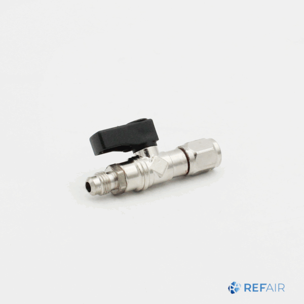Adapteri kylmäainesäiliöön R290 1/2″NPT (F) - 1/4″SAE (M) palloventtiilillä vasen kierre