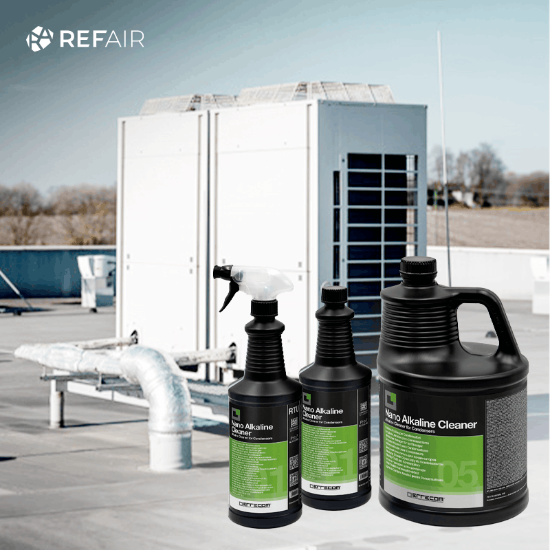 HVAC-järjestelmän puhdistusaine huoltotöihin, jäähdytys- ja HVAC‑järjestelmä taustalla